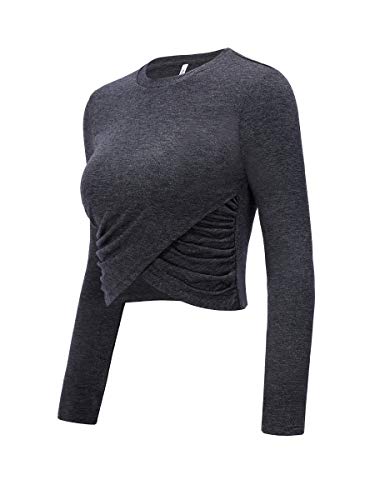 Missufe Women's Workout Long Sleeve Crop Top Cross Wrap Athletic Gym Running Tops for Women (Deep Grey, X-Small)