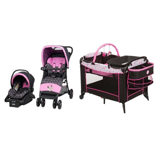Image of Disney Baby Minnie Mouse Simple Fold LX Travel System, Lift to fold compactly in Less Than a Second & Baby Sweet Wonder Playard, Foldable Baby Playpen: with Newborn Bassinet, Toy Arch