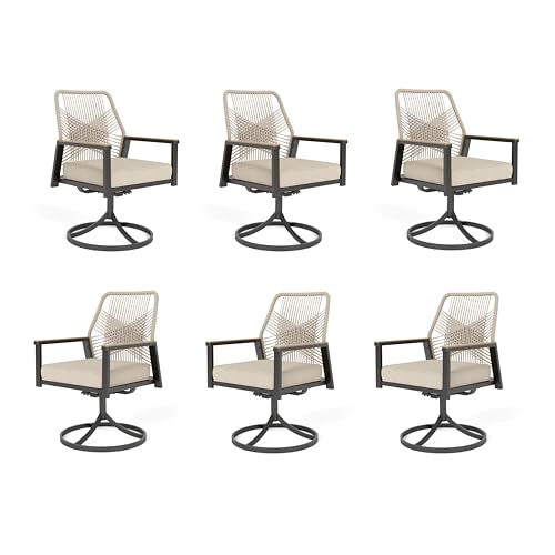 Image of MIXPATIO Patio Wicker Swivel Chair Sets of 6, Outdoor Dining Chairs with 3.1 inch Seat Cushions, Sturdy Metal Frame & Wood Grain Armrest, Beige