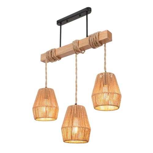 SERBASIC Kitchen Island Lighting,3-Light Farmhouse Chandelier with Rattan Shades,Adjustable Pendant Light for Dining Room Table,Living Room,Rustic Wood Linear Ceiling Light Fixture