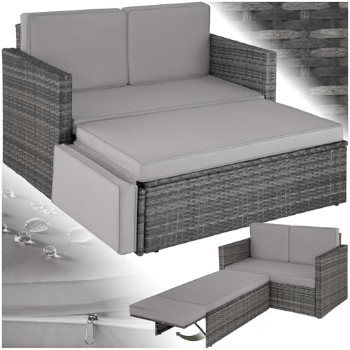 tectake® Salon de Jardin Exterieur en Poly Rotin Modulable Bain de soleil 2 Places 1 Canapé et 1 Tabouret Pouf avec Repose-pieds inclinable, Mobilier de...