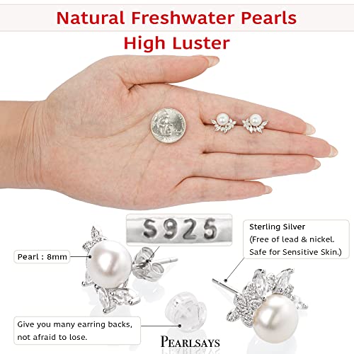 Natural Pearl Earrings for Women 925 Sterling Silver Cubic Zirconia Handmade Earrings Jewelry for Women AAAA Quality Real White Freshwater Pearl (8.00, Natural Zirconia Silver Studs)2