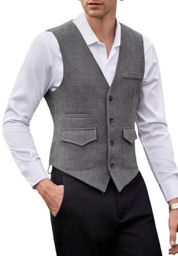 Men's Classic Herringbone Vest Single Breasted Tweed Blend Business Waistcoat for Wedding - Main Image
