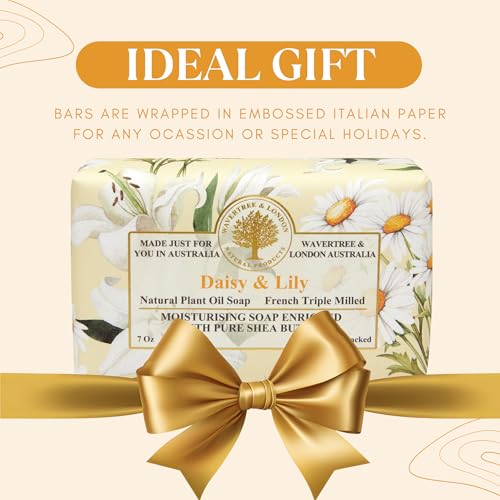 Image of Wavertree & London Daisy & Lily Scented Natural Soap (2 Bars), 7oz Moisturizing French Triple Milled Soap Bars enriched with shea butter - Pure Plant Based Bath & Body Bars for All Skin Types
