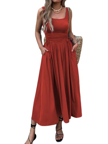 Image of Mieazom Women's Boho Summer Maxi Dress with Pockets, Adjustable Waist, Sleeveless Casual Ruched Sundress for Beach Vacation