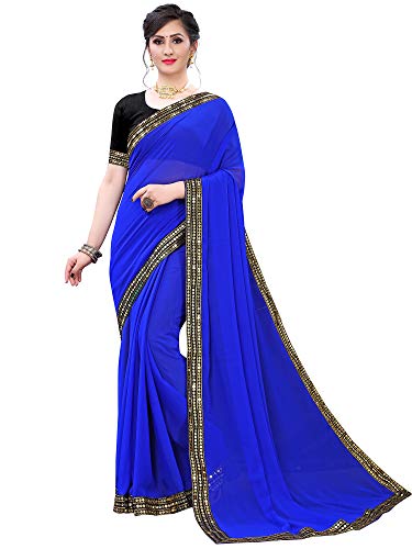 Image of AKHILAM Women's Lace Border Solid Georgette Saree with Unstitched Blouse Piece(CRNTON570 Parent)