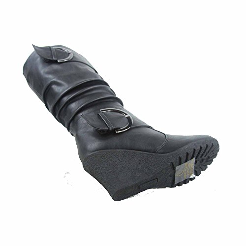 TOP Moda Pure-65 Women's Fashion Round Toe Slouch Buckle Wedge Mid Calf Boot Shoes3