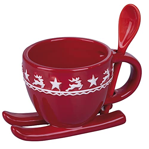 Villa d’Este Home Tivoli Lot de 4 tasses de petit déjeuner de Noël avec traîneau 210 ml et cuillère en céramique, Red XMas Cover