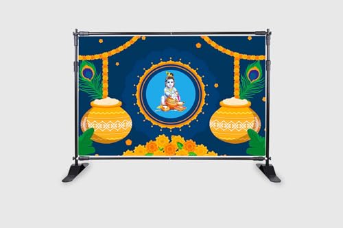 Image of Bal Krishna with Matuki Design Backdrop Curtain for Decoration Pooja Decoration Especially Krishna Janmashtami Traditional Fabric-Polyster Size-5Feet Height and 8Feet Width(5 * 8)