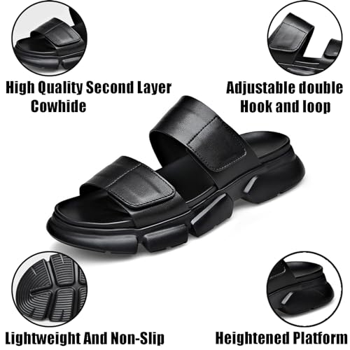 Men's Leather Slip-On Chunky Platform Non-Slip Sandals Fashion Round Open Toe Wide Double Strap Soft Bottom Slide Sandals Summer Walking Beach Slides3
