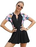Maillot de bain une pièce à jupe pour femme - Manches courtes - Fermeture éclair sur le devant - Imprimé tropical - Avec short - Effet gainant - Maillot de bain modeste - Vêtement de plage