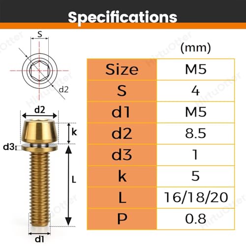Image of 3 pcs M5 x 16 Titanium Allen Hex Bolts with Washer Screws & Wrench, for Bicycle Stems /Bike Handlebars /Brake Systems /Motorcycles /Camping Gear, Tapered Head Anti-Corrosion Fasteners(Golden)