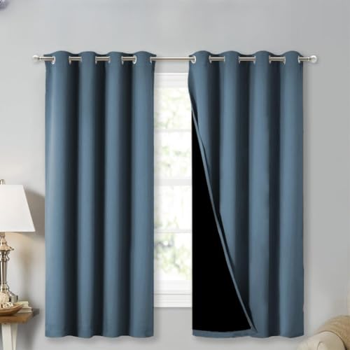 Image of NICETOWN 100% Blackout Curtains with Black Liners, Smoky Blue, 2 Panels, 52-inch W by 63-inch L, Thermal Insulated Full Blackout 2-Layer Lined Drapes, Energy Efficiency Window Draperies for Bedroom