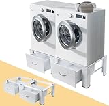 Doppel Untergestell Waschmaschinen mit Schubladen, 2-Fach Unterschrank für Trockner, max. 300kg, 126x54x32 cm, Doppeluntergestell Doppelpodest Waschmaschinen Sockel Unterbau Erhöhung Podest, Weiß