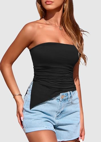 PRETTYGARDEN Womens Tube Top 2025 Summer Trendy Strapless Tops Going Out Outfits Ruched Asymmetrical Bandeau Shirts4