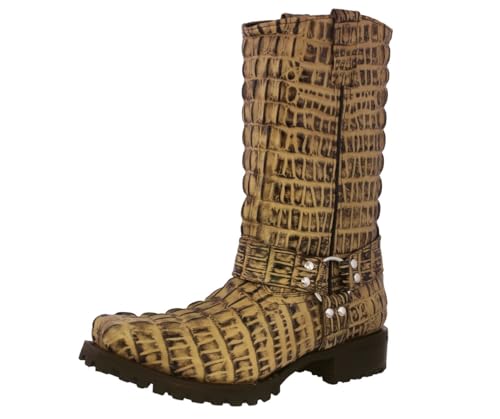 Cowboy Professional Mens Rustic Sand Leather Motorcycle Boots Crocodile Tail Print Square Toe