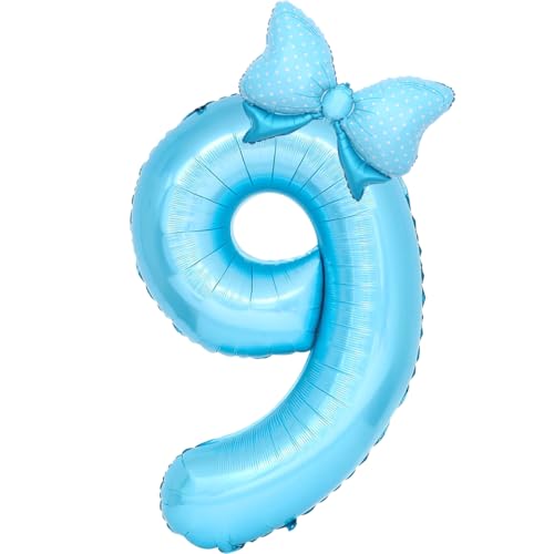 Image of Baby Blue 9 Balloon Number Blue Birthday Decorations for Girls, Bow Balloons Foil Mylar Large 40 inch 9 Birthday Balloon for Girls Butterfly Coquette 9th Birthday Party Decorations Supplies