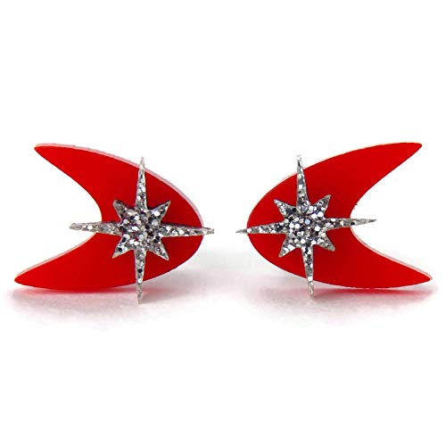 Miniatura 3 de Retro Red Boomerang Stud Earrings, Atomic 50s Acrylic Studs, Mid Century Modern Celestial Earring