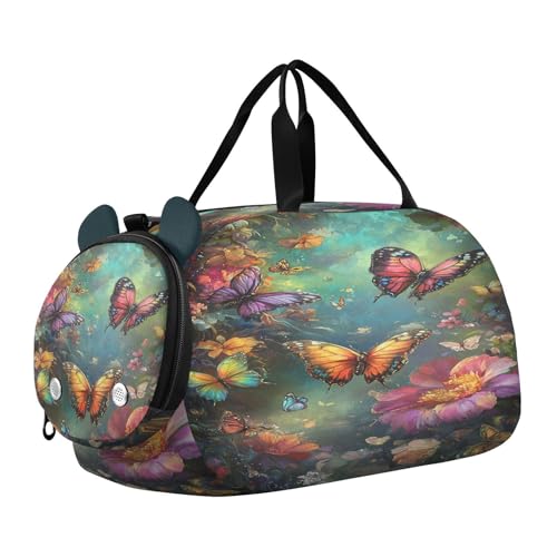 Floral Butterfly Colorful Kids Travel Duffel Bag for Boys Girls Overnight Weekend Tote Bag with Shoes Compartment for Dance Gym Sports