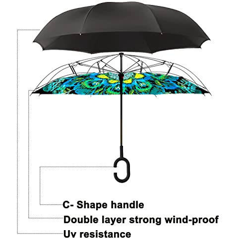 Mrtlloa Windproof Inverted Reverse Umbrella With Uv Protection, C-Shaped Handle Double Layer Stick Umbrella For Rain (Green Peacock) #TOP3