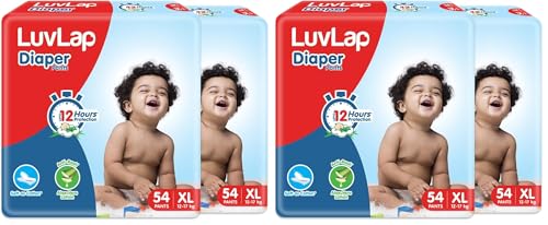 Image of LuvLap Baby Diaper Pants XL Size (Extra Large), with Aloe Vera Lotion for rash protection, 108 Count (54x2), with upto 12Hr protection For babies of 12 to 17Kg, Jumbo pack, (54 Count, Pack of 4)