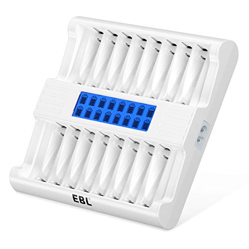 EBL 16 Bay AA AAA Battery Charger with Smart LCD Display, Individual Fast Battery Charger for AA AAA NiMH Rechargeable Batteries with AC Plug Cable