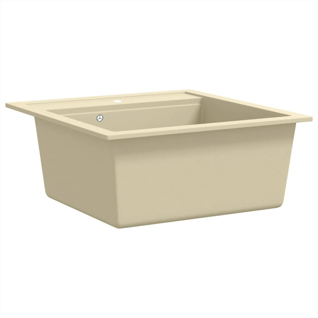 Lavello singolo in granito, beige, da incasso, con vasca extra profonda, 490 x 510 mm, con cestello per cucina, giardino, camper