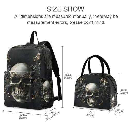 Luxury Skull Wings Print Backpack Set with Lunch Bag, Large Capacity Travel Backpacks and Lunch Box Insulated for Commute Hiking Picnic2