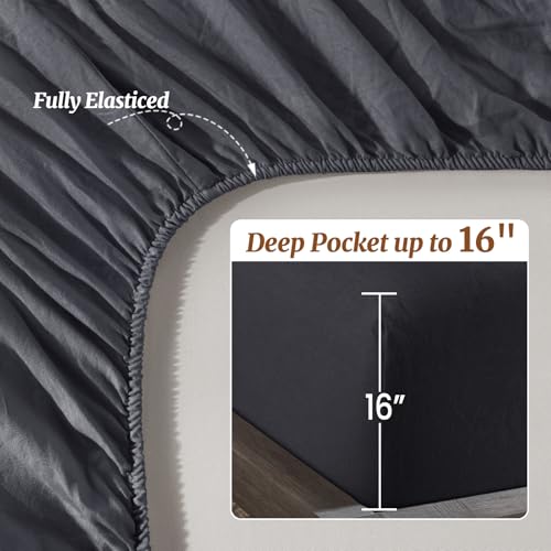Image of 100% Pure Linen Sheet Set for Hot Sleepers 4pcs Sheet Set 1 Flat Sheet, 1 Fitted Sheet, 2 Pillowcases (Dark Gray Queen)