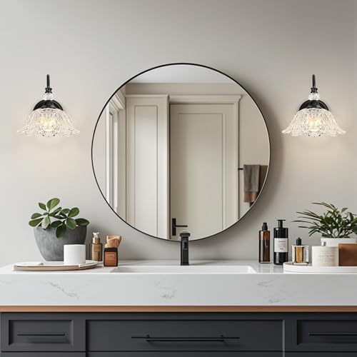 Image of 1 Piece Black Wall Sconce with Floral Clear Glass Shade, Black Farmhouse Wall Mount Lighting for Bathroom,Vintage Bathroom Vanity Light Fixture