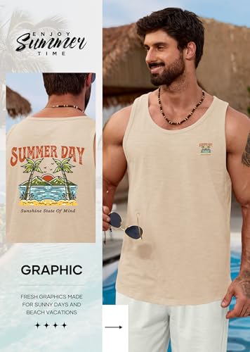 Image of VOGSTART Men Graphic Muscle Tank Top Beach 100 Cotton T-Shirt Beige Palm L | Design, Print, Casual, Summer, Vacation, Holiday, Surf, Hawaiian, Workout, Vintage, Tropical