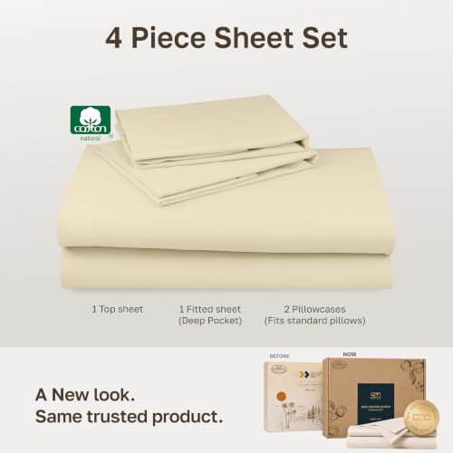 Image of Soft Natural 100% Cotton Sateen Full Size Bed Sheets, 4 Pc Set, Butter