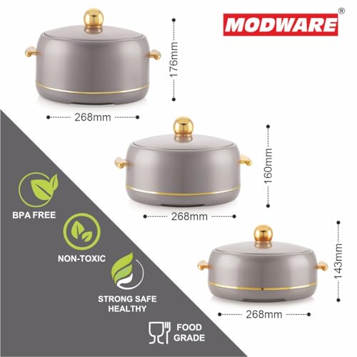 Image of Modware Atlantis Casserole Set of 3-1500ml /2000ml /2500ml Elegant Design Premium Hot Pot, Retains Temperature for Hours, Insulated Inner Steel Casserole for Roti Hot Box for Home Chapati Box (Grey)