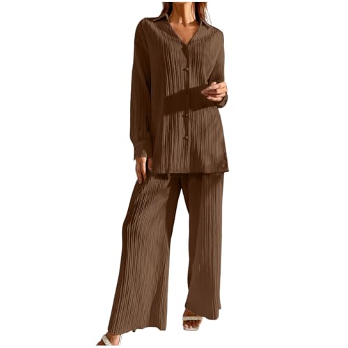 Women's 2 Piece Textured Sets Casual V Neck Button Down Collared Shirt and Wide Leg Pants Outfits Loungewear Tracksuit