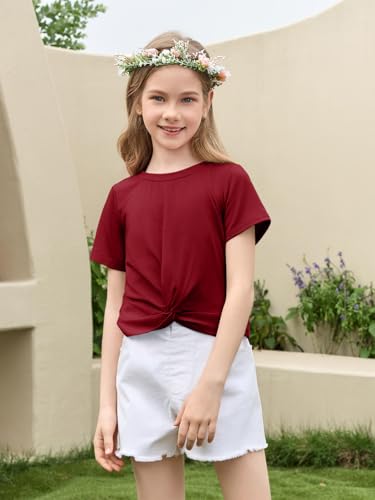 Image of Haloumoning Girls Short Sleeve T Shirts Kids Summer Twist Front Crop Tops Fashion Tees 5-14 Years