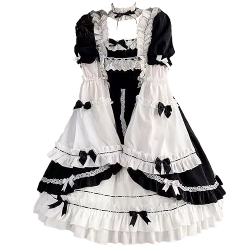 Women Sweet Lolita Dress Girl Victorian Long Sleeve Cute Princess Skirts Halloween Cosplay Costume Lace Layers Maid Dresses (Large) Black
