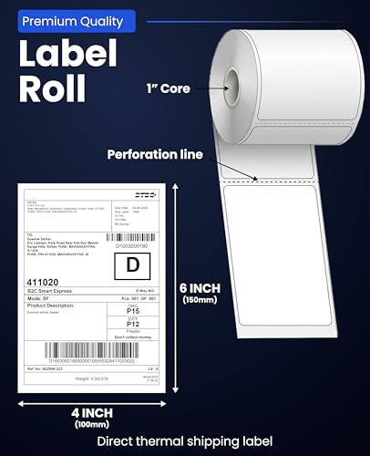 Image of SEZNIK Thermal Printer 4x6 Inch Label Paper (100x150mm) | 800 Labels | Shipping, Parcel, Barcode & Address Labels | Waterproof, Oil & Scratch Resistant Label Roll | BPA Free | Perforated (Pack of 2)