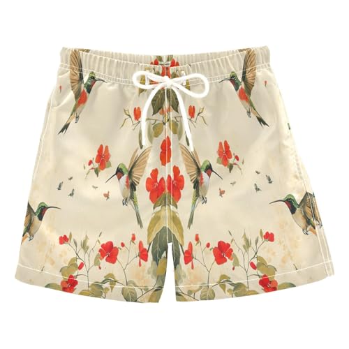 Jucciaco Boys Beach Board Shorts Hummingbird Flower Bird Swim Trunk Teen Swimwear