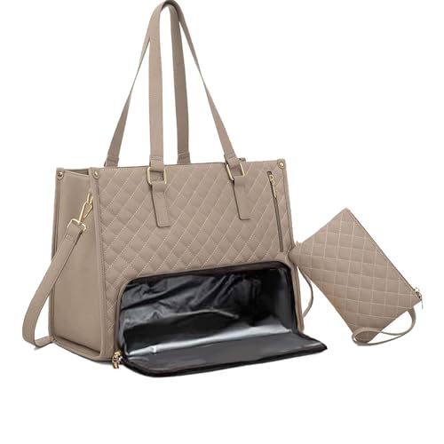 The Ultimate 2-in-1 Tote Bag, Work Tote Purses with Lunch Compartment, Leakproof Cooler Tote Bag with Storage Pocket (Beige)