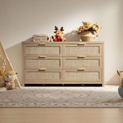 SICOTAS Rattan Dresser for Bedroom, 56.9" Wide 6 Drawer Dresser with Ample Storage, Dressers Large Chest of Drawers, Closet, Boho TV Stand for Bedroom (Reclaimed Light Oak, 1 Piece)