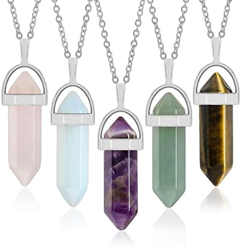 عقد بقلادة كريستالية سداسية الشكل من احجار طبيعية، عقد بقلادة باحجار كريمة من العقيق والكوارتز مغلفة بسلك لاغراض علاجية وريكي والشاكرا، 5 قطع