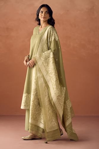 Image of FIORRA Women Green Cotton Jacquard Woven Kurta Set with Dupatta