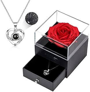 Modloan Eternal Rose Gift Box with Sterling Silver I Love You Necklace in 100 Languages, Handmade Forever Red Rose for Anniversary Birthday Gifts Teacher Gifts for Women Mum Girlfriend Her
