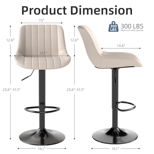 Image of Youhauchair Adjustable Faux Leather Bar Stools Set of 1, Beige | Swivel, Counter Height, Back & Footrest, Armless, PU, Modern, Kitchen Island Stool, Upholstered Dining Room Chair