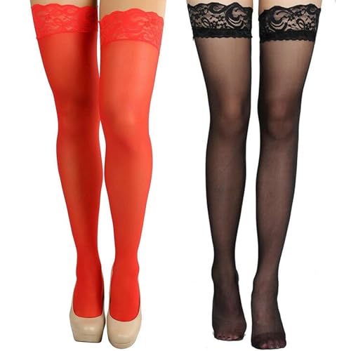 2 Pair Women’s Thigh High Sheer Stockings with Lace Top, MH MOIHSING Sexy Long Tube Silky Thigh High Socks Ultra Shimmery Pantyhose for Cosplay (1 Black+1 Red)