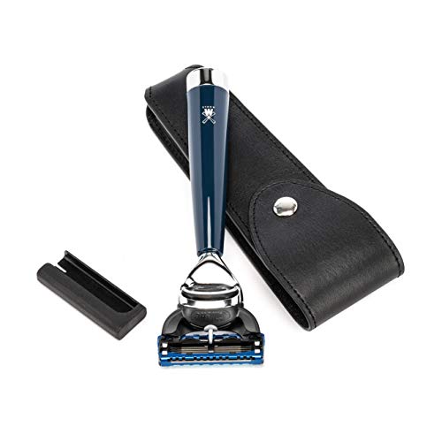 MÜHLE Travel Rasierset - Systemrasierer kompatibel mit Gillette Fusion-Klingen, dunkelblauer Edelharz-Griff und Leder… - Image 4