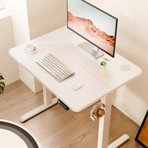 Image of ERGOMAKER Electric Standing Desk 80x60cm (31 inchx23.6 inch), Height Adjustable Sit Stand Desk with Splice Board for Home Office, Computer Desk Memory Preset (White Frame + White Desktop)