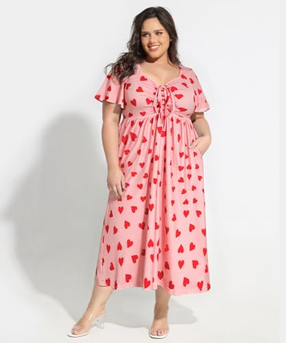 Image of CARCOS Plus Size Dresses for Curvy Women Tie Sweetheart Neck Summer Maxi Dress Short Sleeve Empire Waist Floral Boho Dress