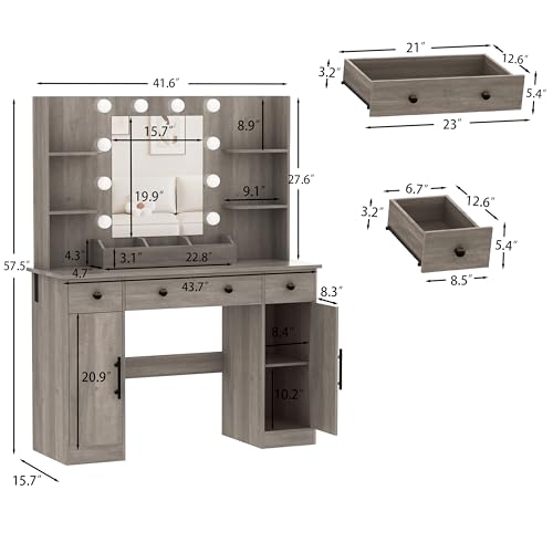 Image of HUANLEGO Vanity Desk with Mirror and Lights, Makeup Vanity with Mirror and LED Lights & Power Outlet, 3 Drawers and Cabinets, 3 Lighting Modes Dressing Table Set for Girls Women Bedroom,Grey