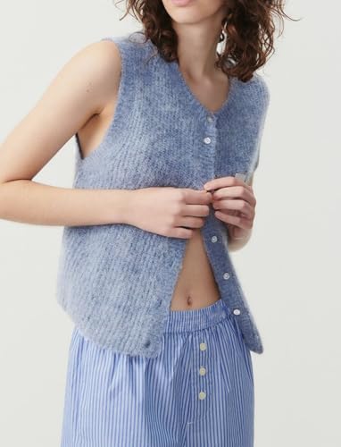 Image of UAURORAO Women Chunky Sweater Vest Button Down Crochet Cable Knit Cardigan Sleeveless Open Front Knitted Crop Waistcoat